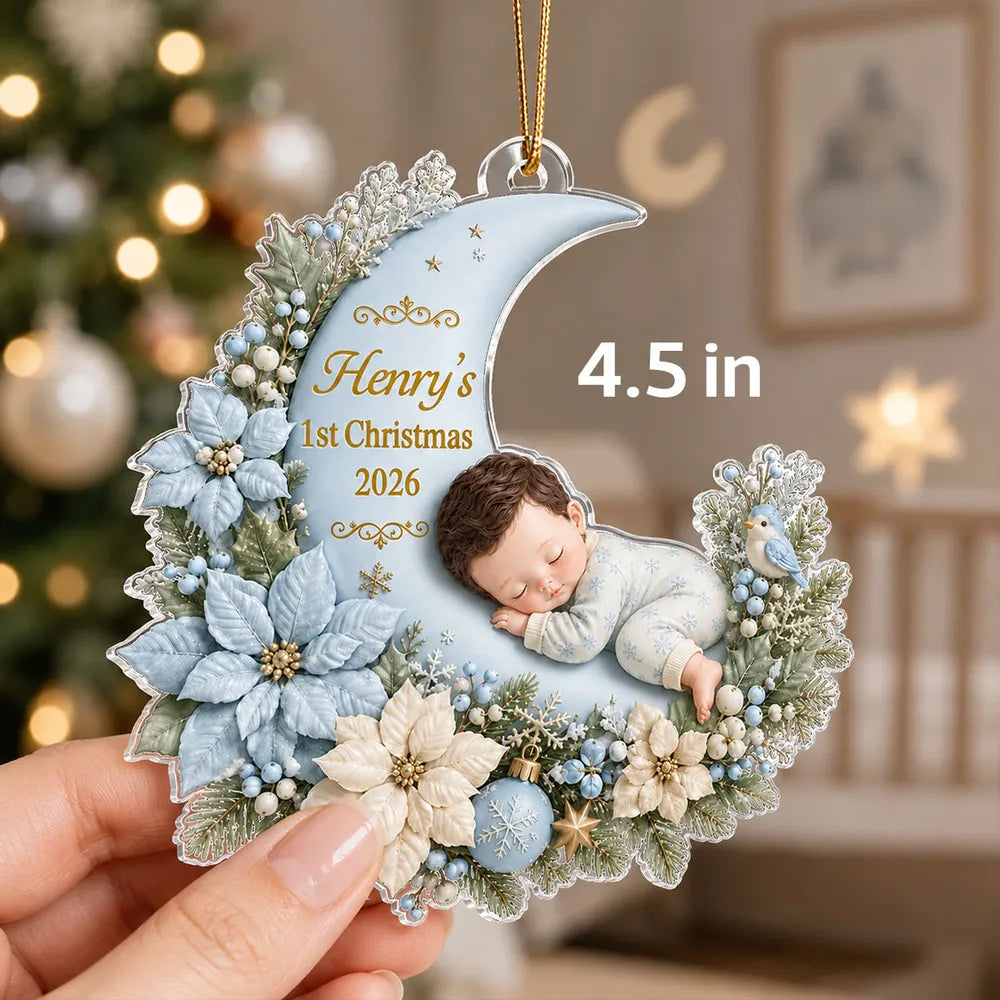 First Christmas Acrylic Ornament, Sleeping Baby on Blush Floral Moon, Personalized Creative Gift for Mom & Dad