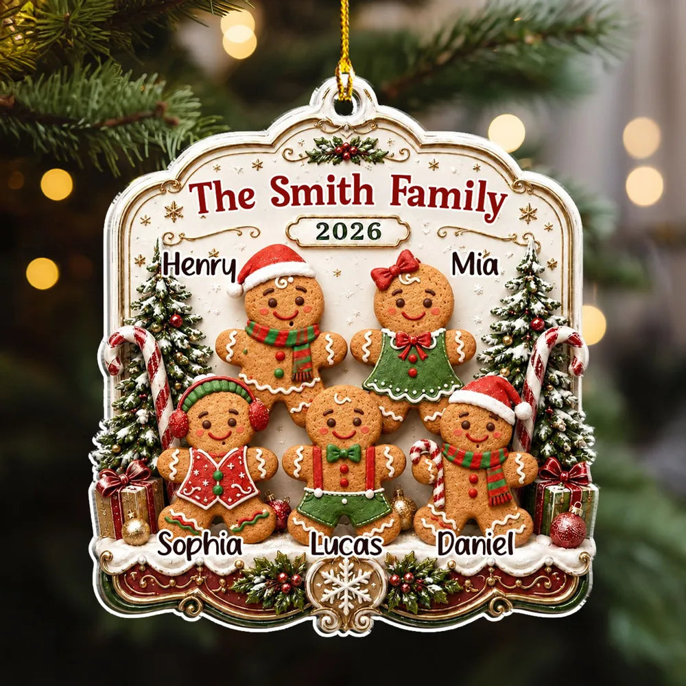 Personalized Acrylic Ornament, Gingerbread Family Among Snowy Trees, Unique Christmas Gift for Family