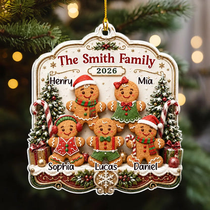 Personalized Acrylic Ornament, Gingerbread Family Among Snowy Trees, Unique Christmas Gift for Family