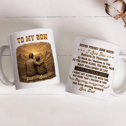 Personalized Mug, Father and Son Sitting at a Mountain Sunset, Encouraging Quote, Unique Gift for Son
