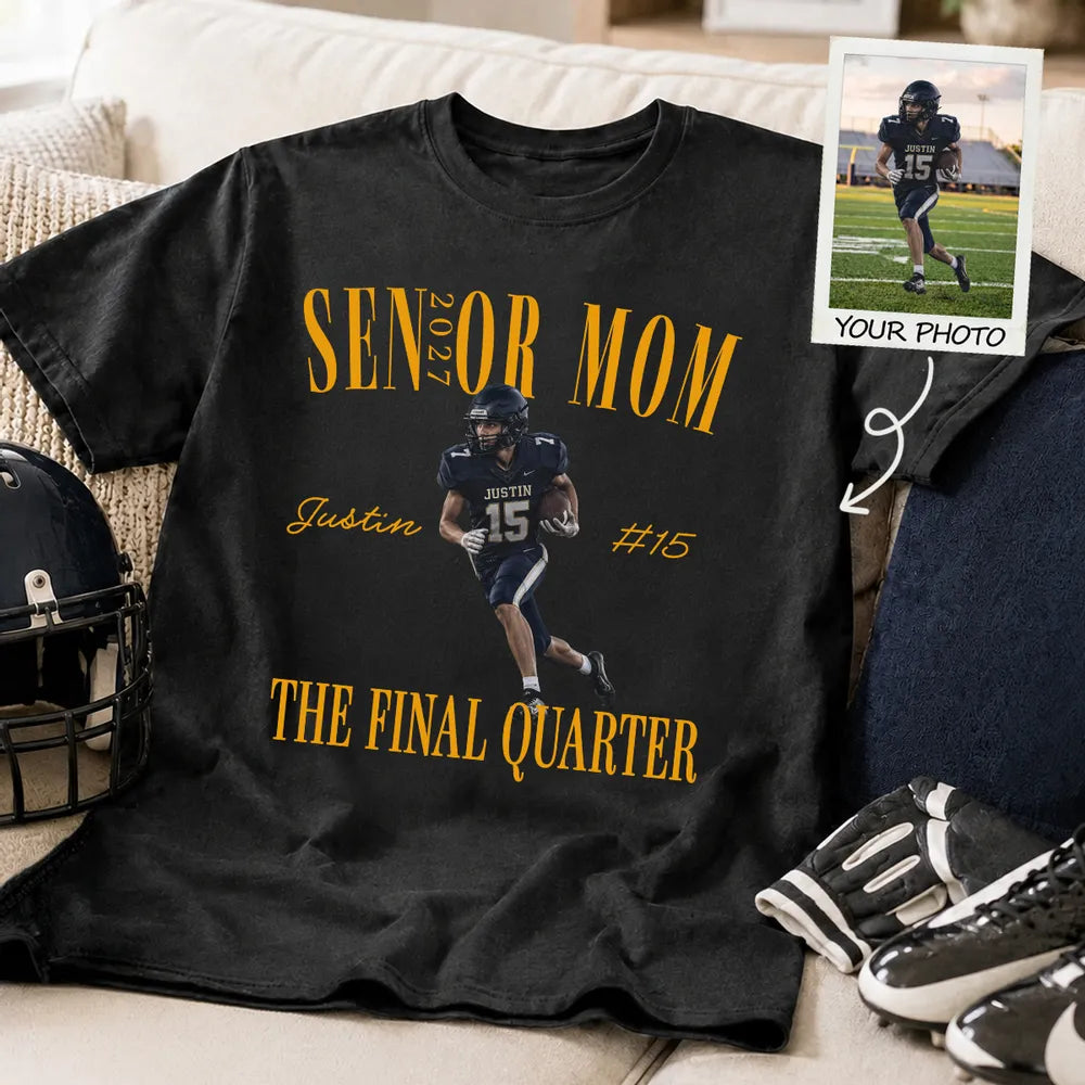 Senior Season Classic Tee, Personalized Running Football Player Keepsake, Creative Gift for Football Mom