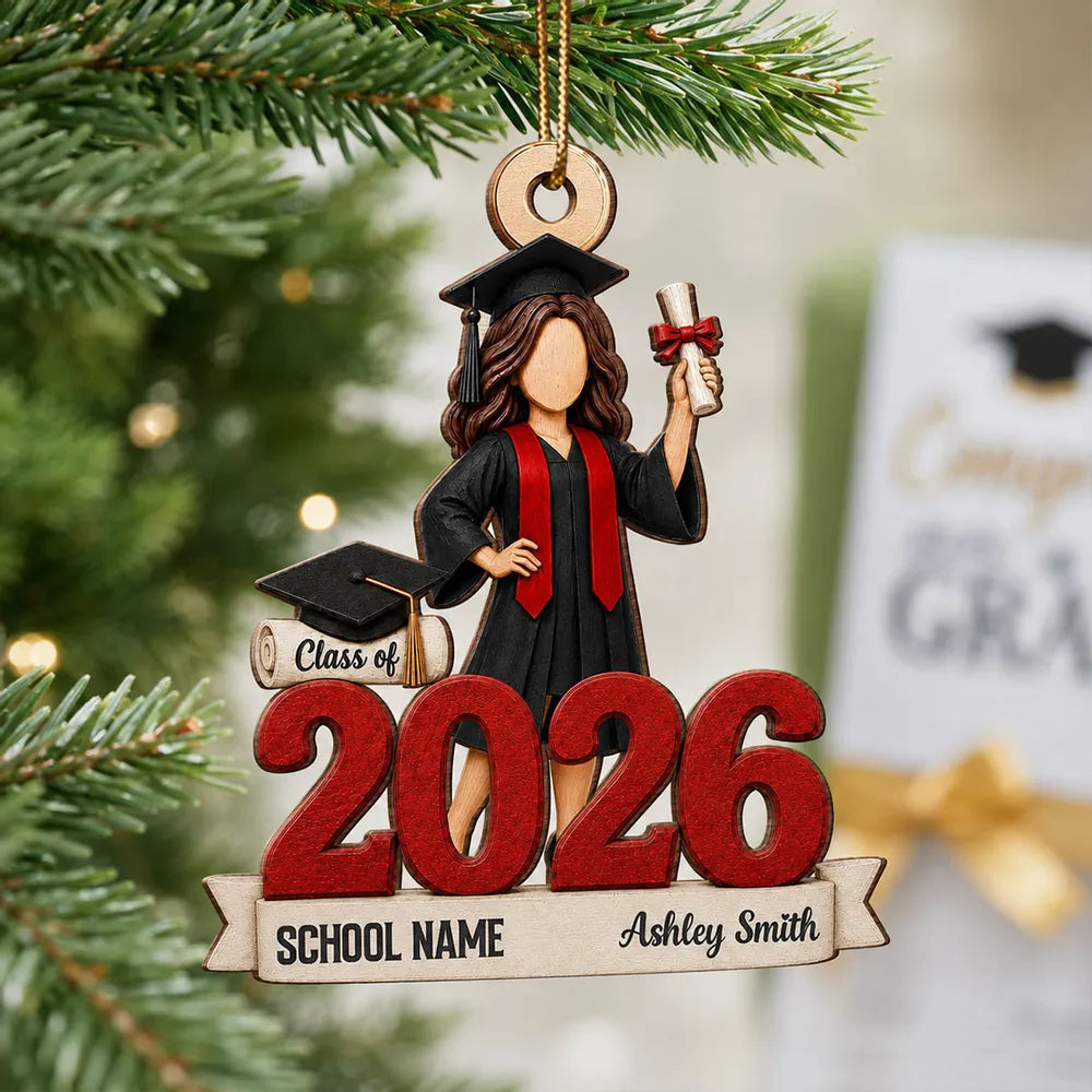 Personalized Wooden Ornament, Graduate Holding Diploma in Cap and Gown, Creative Keepsake Gift for Her