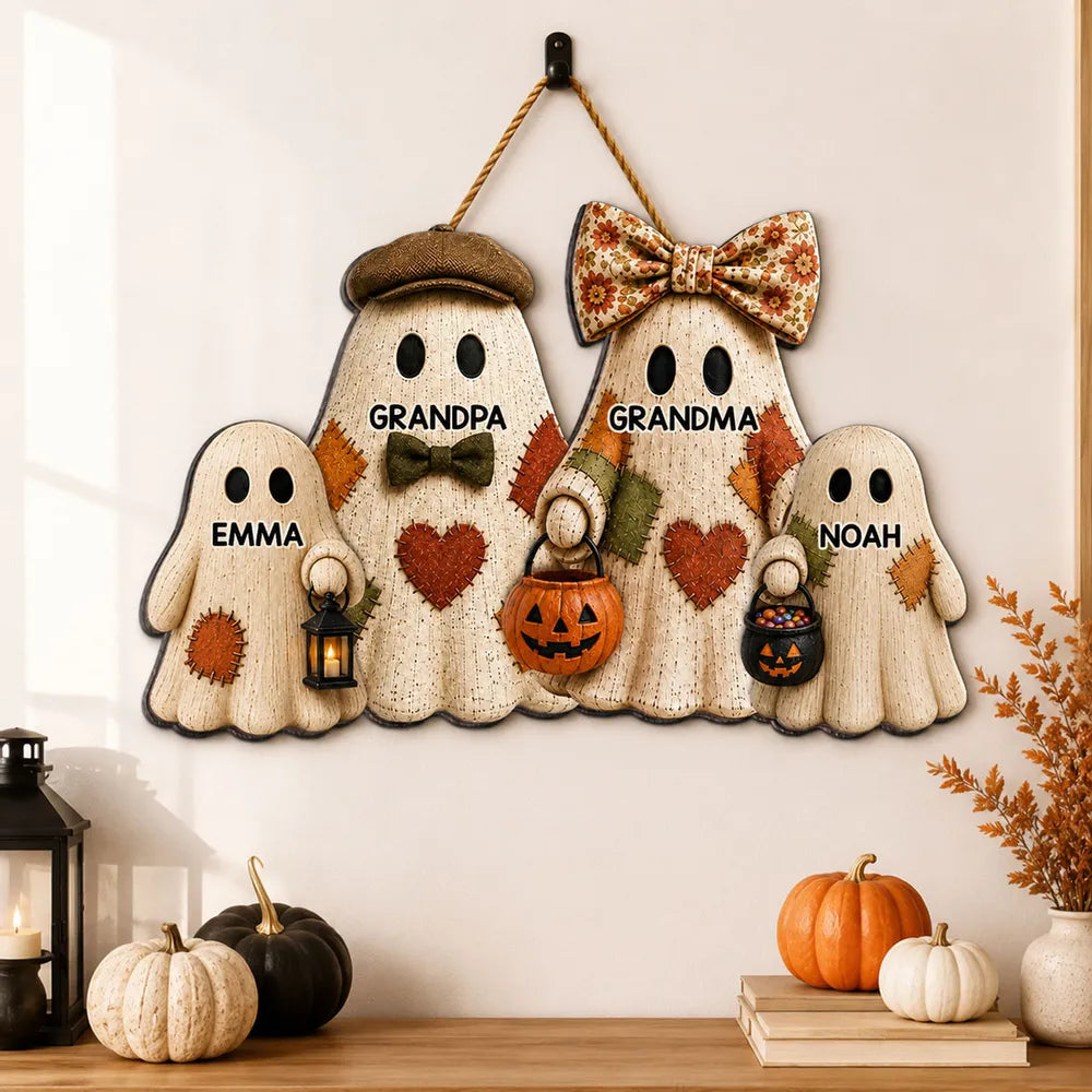 Personalized Halloween Wooden Sign, Ghost Family Holding Treat Pails, Unique Gift for Grandma and Grandpa