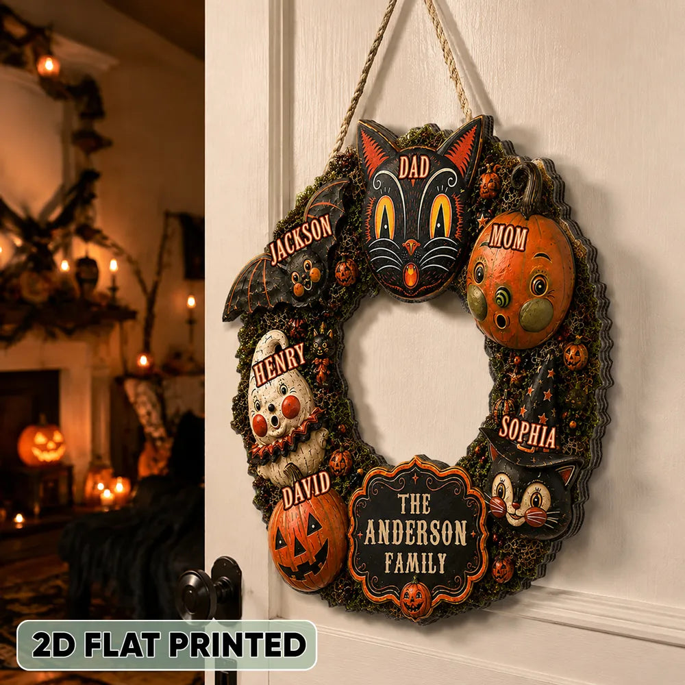 Personalized Wooden Sign, Custom Family Black Cat and Pumpkin Halloween Front Door Decor, Unique Gift for Families
