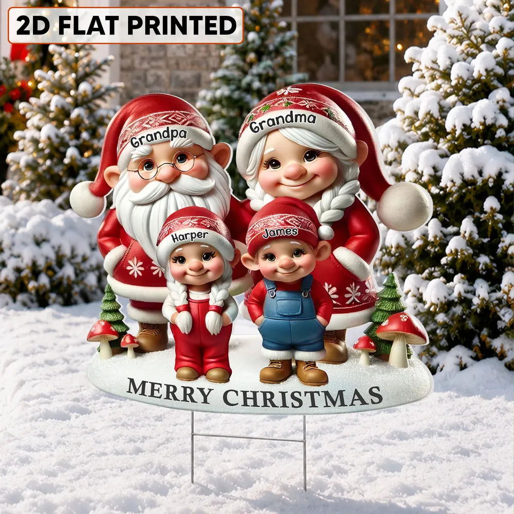 Personalized Shaped Yard Sign, Christmas Gnome Grandparents & Grandkids in Snow, Unique Gift for Grandparents