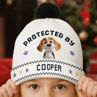 Protected By Personalized Bobble Beanie Hat, Cute Dog and Paw Print Design, Creative Gift for Pet Owners