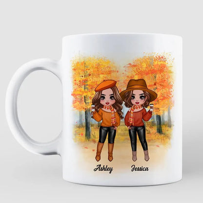 Personalized Mug, Warm Orange Cartoon Sisters Holding Drinks, Creative Sister Bond Gift