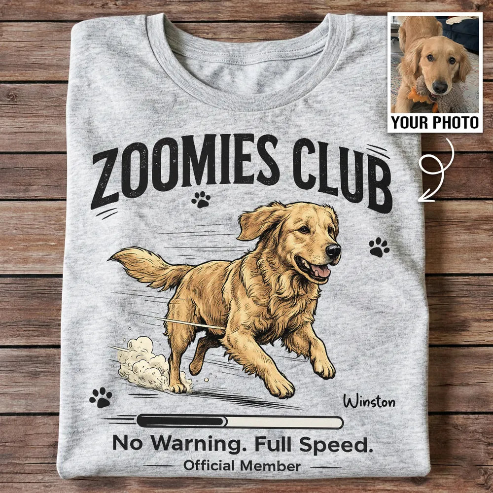 Personalized Classic Tee with Running Dog Illustration, Vintage Zoomies Club Design, Unique Gift for Dog Lovers