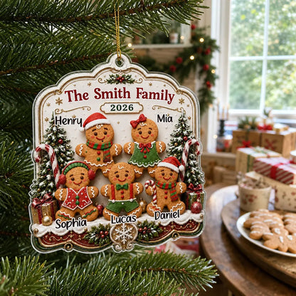 Personalized Acrylic Ornament, Gingerbread Family Among Snowy Trees, Unique Christmas Gift for Family