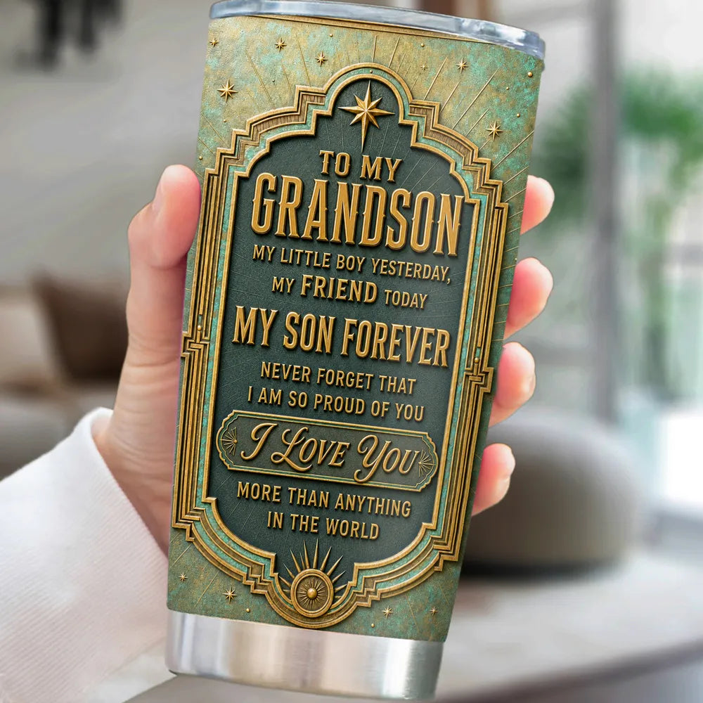 Personalized Insulated Travel Tumbler, Vintage Teal Proud of You Quote and Lakeside Embrace, Unique Gift for Grandson