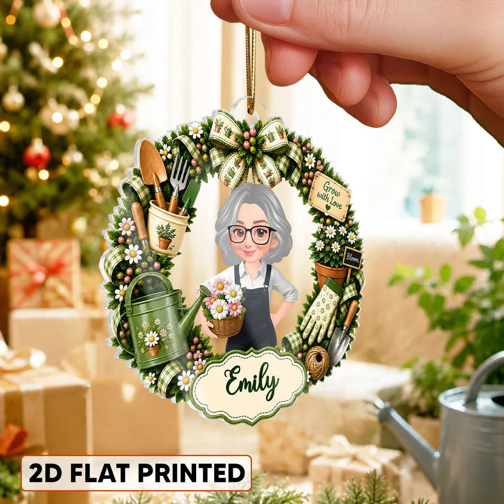 Grow with Love Personalized Acrylic Ornament, Cute Green Floral Design, Creative Gift for Women Who Garden