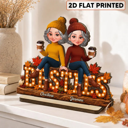 Personalized 2-Layer Wooden Plaque, Friends Holding Coffee in Autumn, Unique Gift for Best Friends