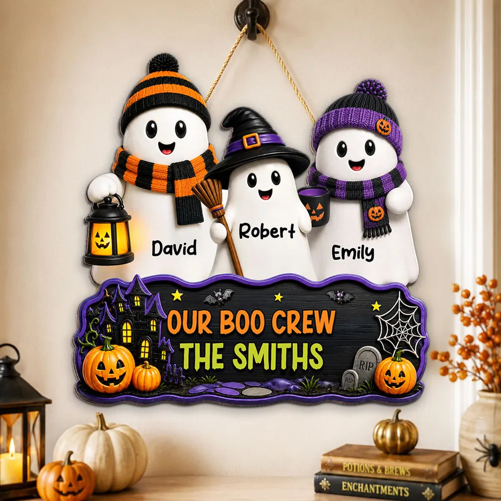 Our Boo Crew Wooden Sign, Personalized Ghost Family with Pumpkins and Haunted House, Creative Gift for Family