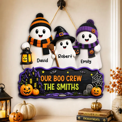 Our Boo Crew Wooden Sign, Personalized Ghost Family with Pumpkins and Haunted House, Creative Gift for Family
