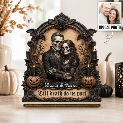 Personalized 2-Layer Wooden Plaque, Embracing Skeleton Couple, Unique Gothic Halloween Gift for Couples