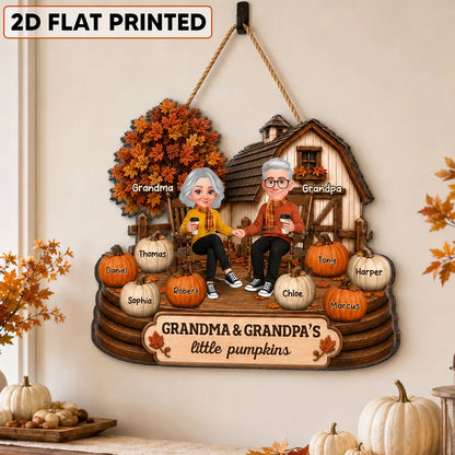 Personalized Wooden Sign, Grandparents Holding Hands on an Autumn Porch, Unique Gift for Grandma & Grandpa