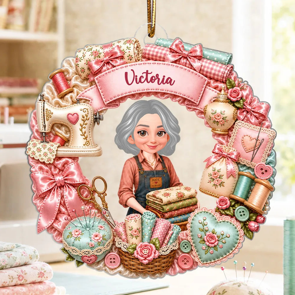 Personalized Acrylic Ornament, Crafting Woman Holding Fabric, Unique Sewing Gift for Mom, Wife or Sister