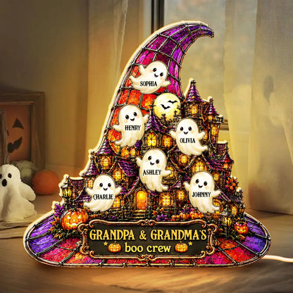 Personalized Acrylic Light Box, Cute Ghosts at a Haunted House, Unique Halloween Gift for Grandparents