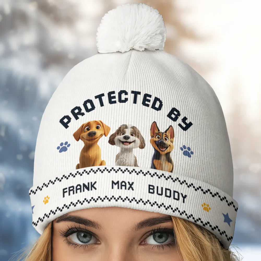 Protected By Personalized Bobble Beanie Hat, Cute Dog and Paw Print Design, Creative Gift for Pet Owners