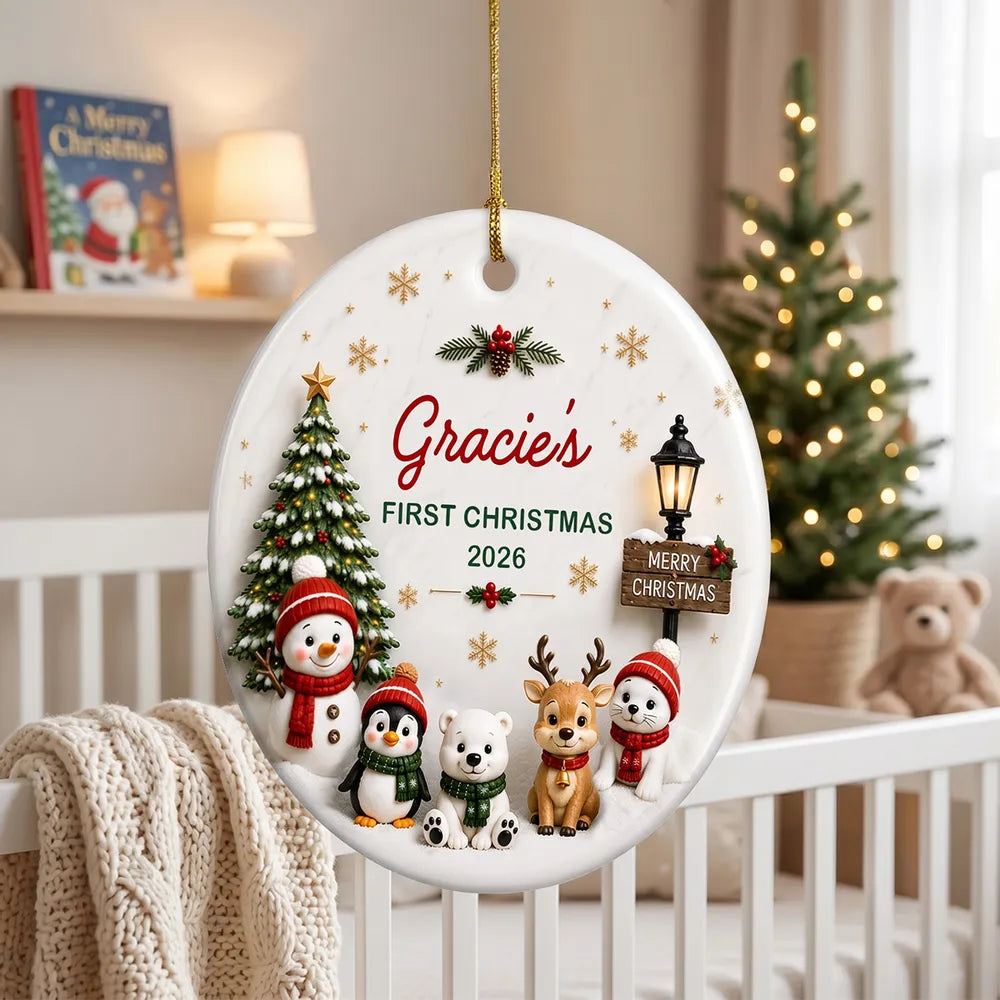 Personalized Ceramic Ornament, Cute Winter Friends Baby's First Christmas Keepsake, Unique Gift for New Parents