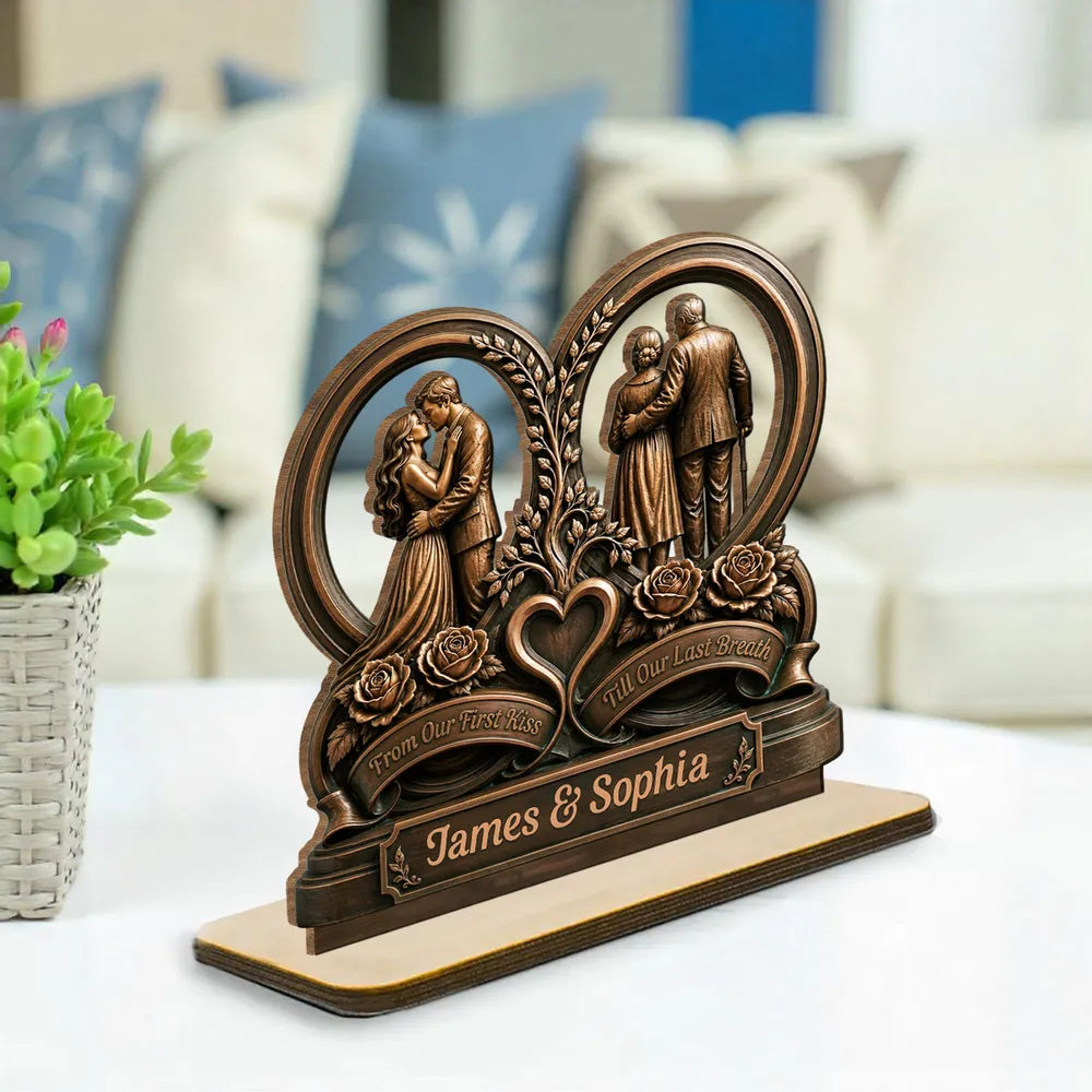 From Our First Kiss Till Our Last Breath 2-Layer Wooden Plaque, with Embracing Couple, Personalized Unique Gift for Partners
