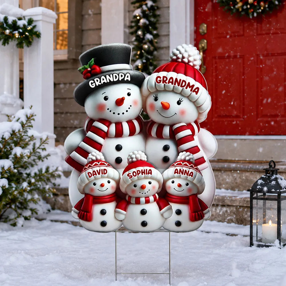Personalized Snowman Family Shaped Yard Sign, Gathered in a Snowy Yard, Unique Christmas Gift for Grandparents
