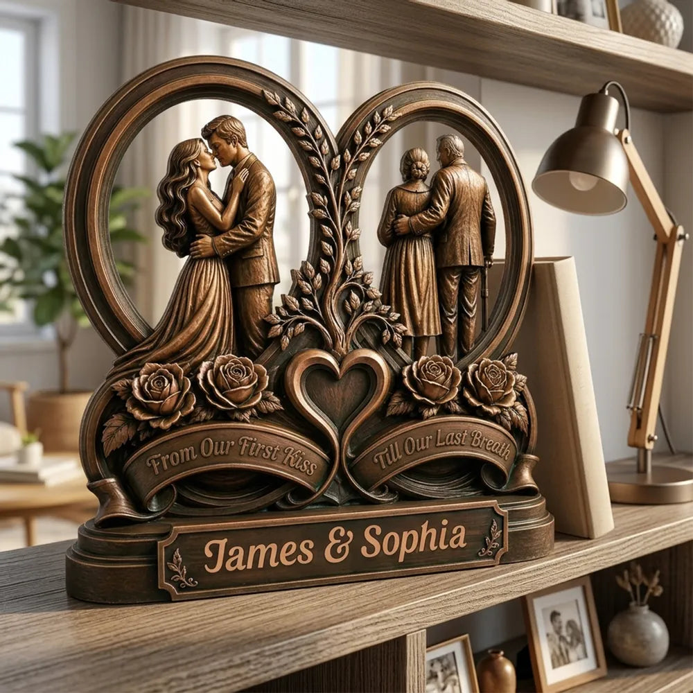 From Our First Kiss Till Our Last Breath 2-Layer Wooden Plaque, with Embracing Couple, Personalized Unique Gift for Partners