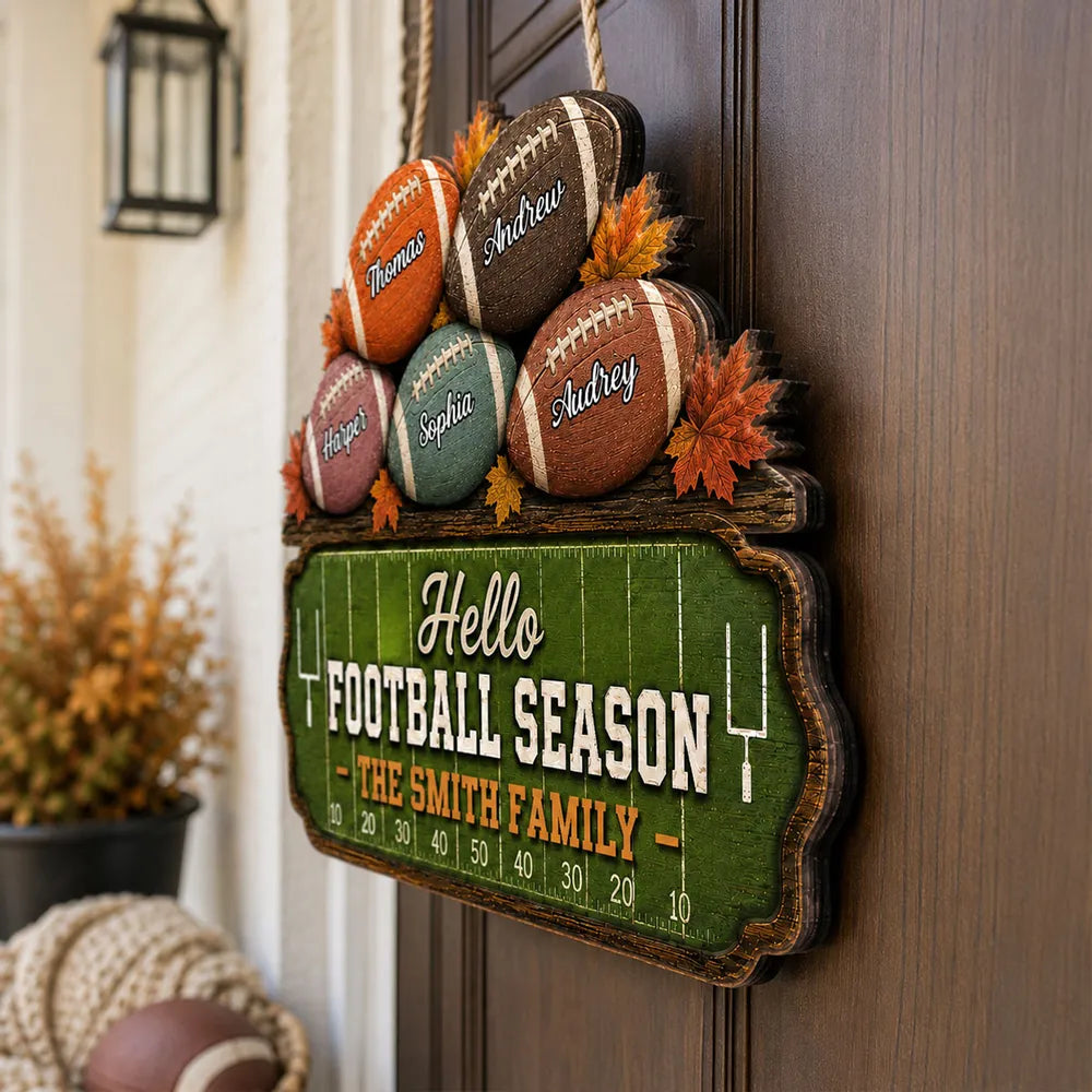 Personalized Wooden Sign, Rustic Football Family Decor with Autumn Leaves, Unique Gift for Sports Fans