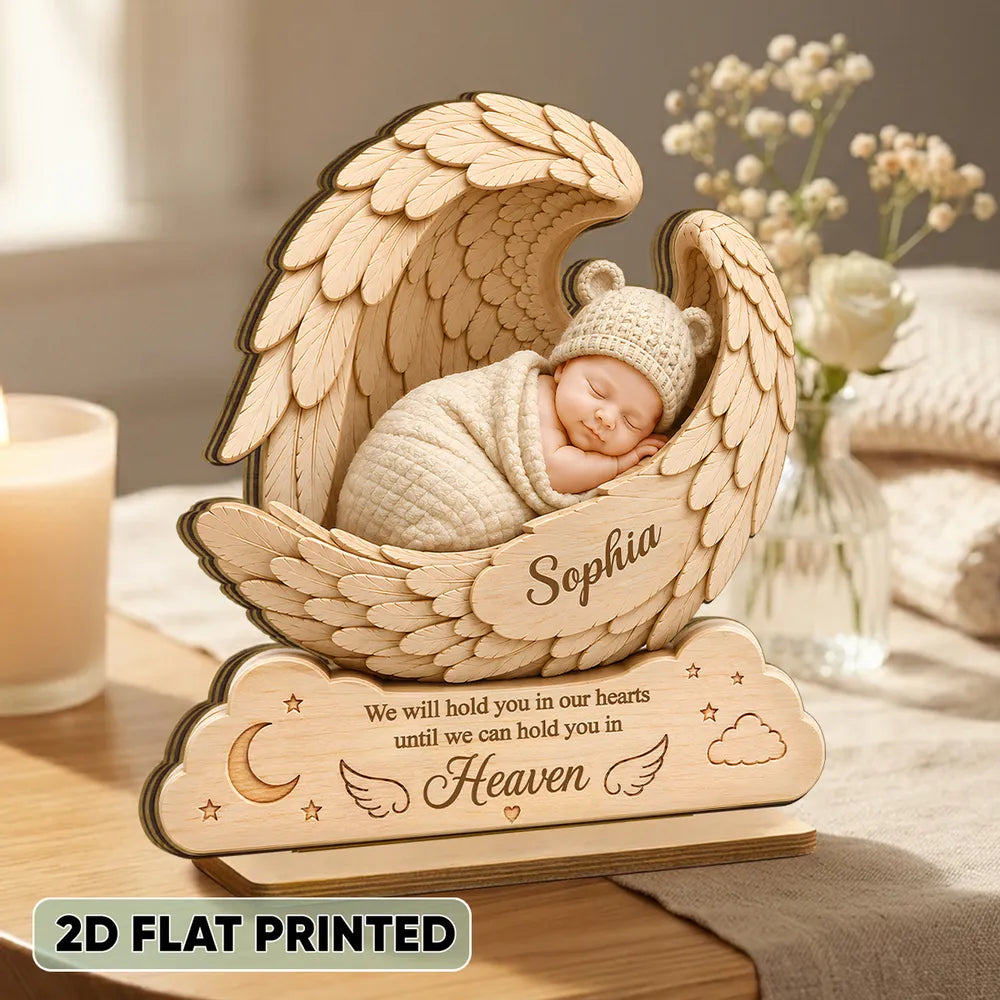Personalized 2-Layer Wooden Plaque, Sleeping Baby in Angel Wings, Unique Infant Loss Memorial Gift for Parents