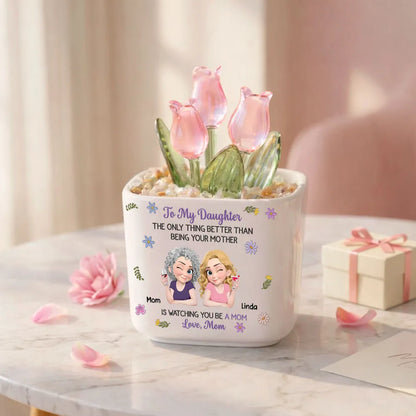 Personalized Square Glass Planter, Cartoon of a Winking Mother and Daughter Sharing a Toast, Unique Gift for Daughter