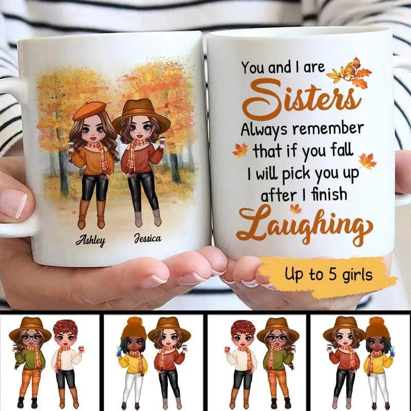 Personalized Mug, Warm Orange Cartoon Sisters Holding Drinks, Creative Sister Bond Gift