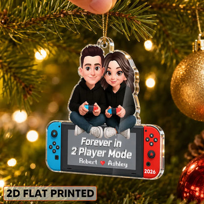 Personalized Acrylic Ornament, Cartoon Couple Holding Controllers, Unique Christmas Tree Gift for Gamers