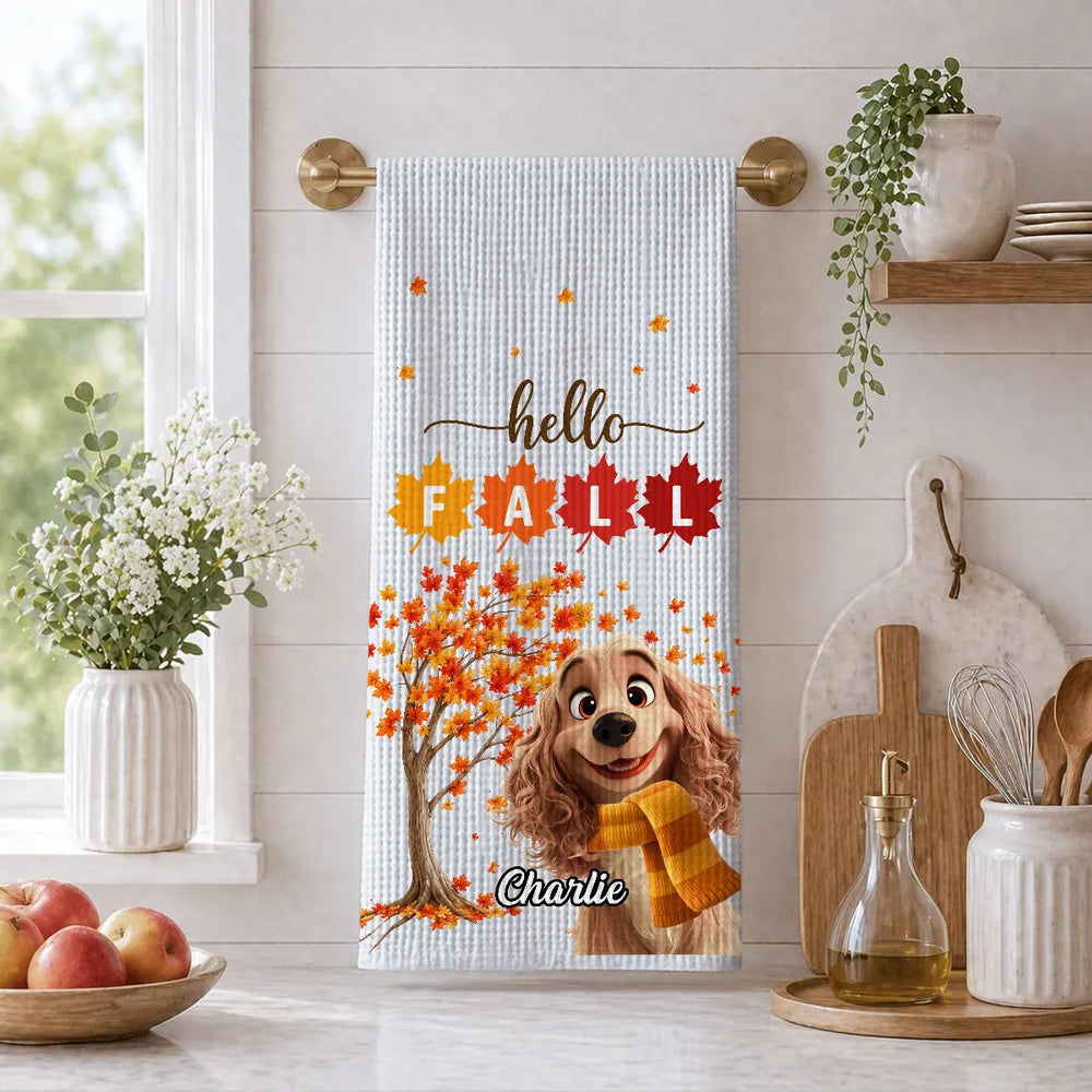 Hello Fall Personalized Kitchen Towel, Smiling Dog by an Autumn Tree, Creative Gift for Pet Owners