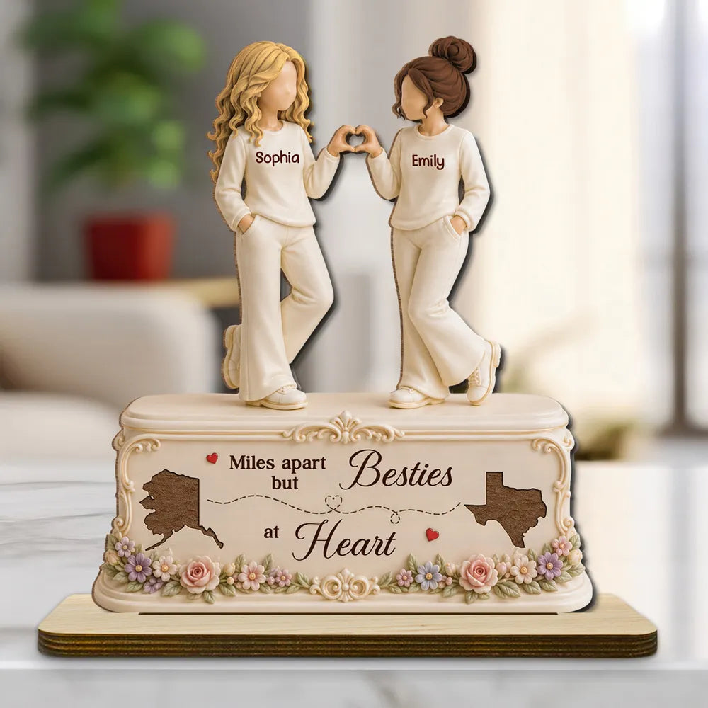 Personalized Wooden Plaque, Heart Gesture Friends, Besties at Heart, Creative Gift for Long-Distance Friend