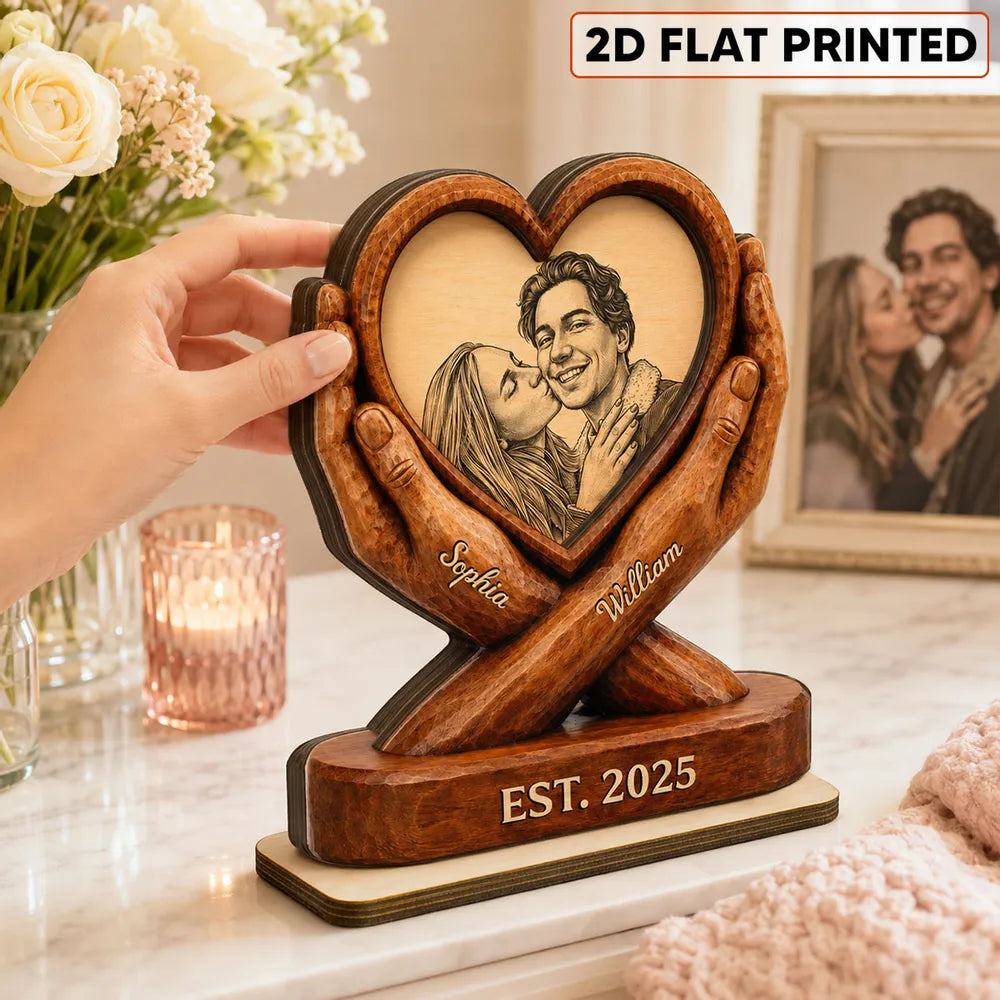 Personalized 2-Layer Wooden Plaque, Smiling Couple in a Heart, Unique Anniversary Gift