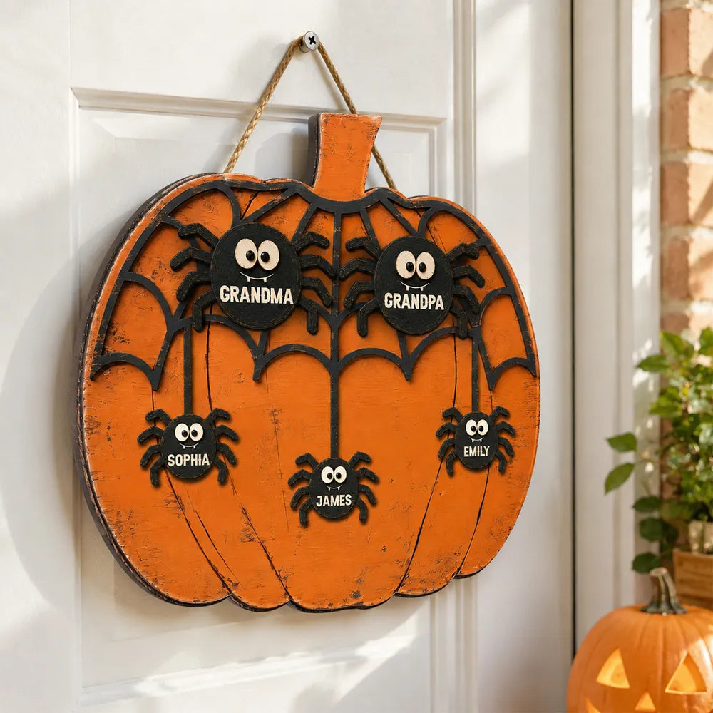 Grandma and Grandkids Wooden Sign, Rustic Orange Halloween Spider Web, Personalized Creative Family Gift