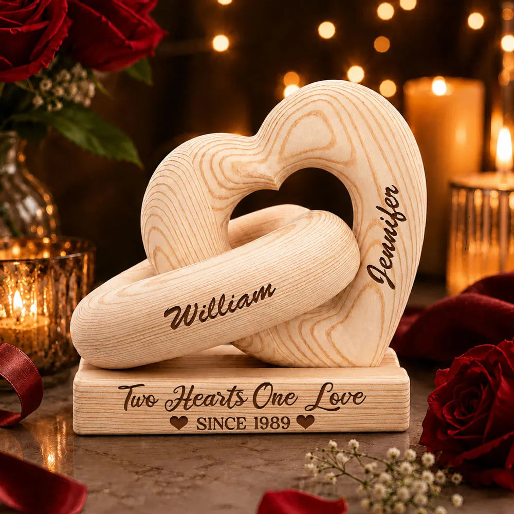 Personalized Heart Sculpture With Base, Interlocking Hearts in a Candlelit Rose Setting, Unique Gift for Couples
