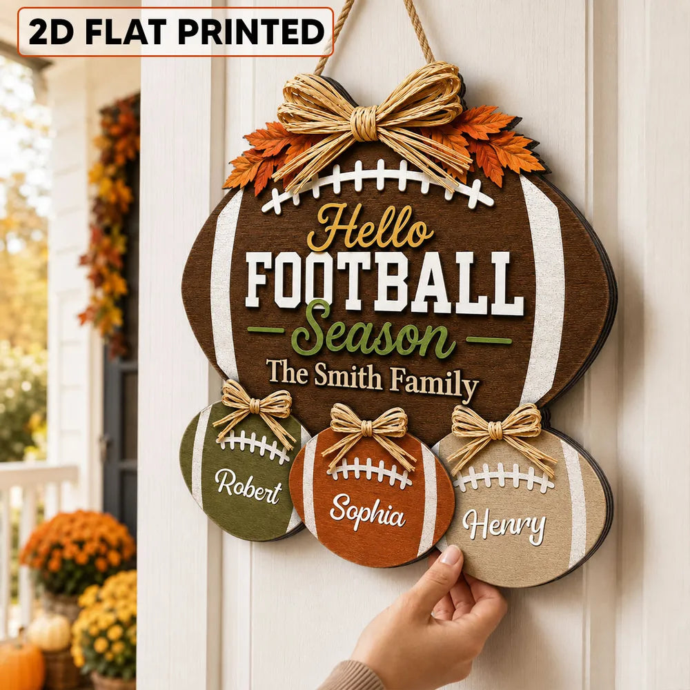 Wooden Sign with Football and Fall Leaves, Personalized Family Decor, Creative Gift for American Football Fans