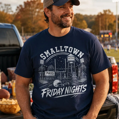 Classic Tee, Personalized Stadium Lights and Town Skyline Keepsake, Unique Gift for American Football Fans