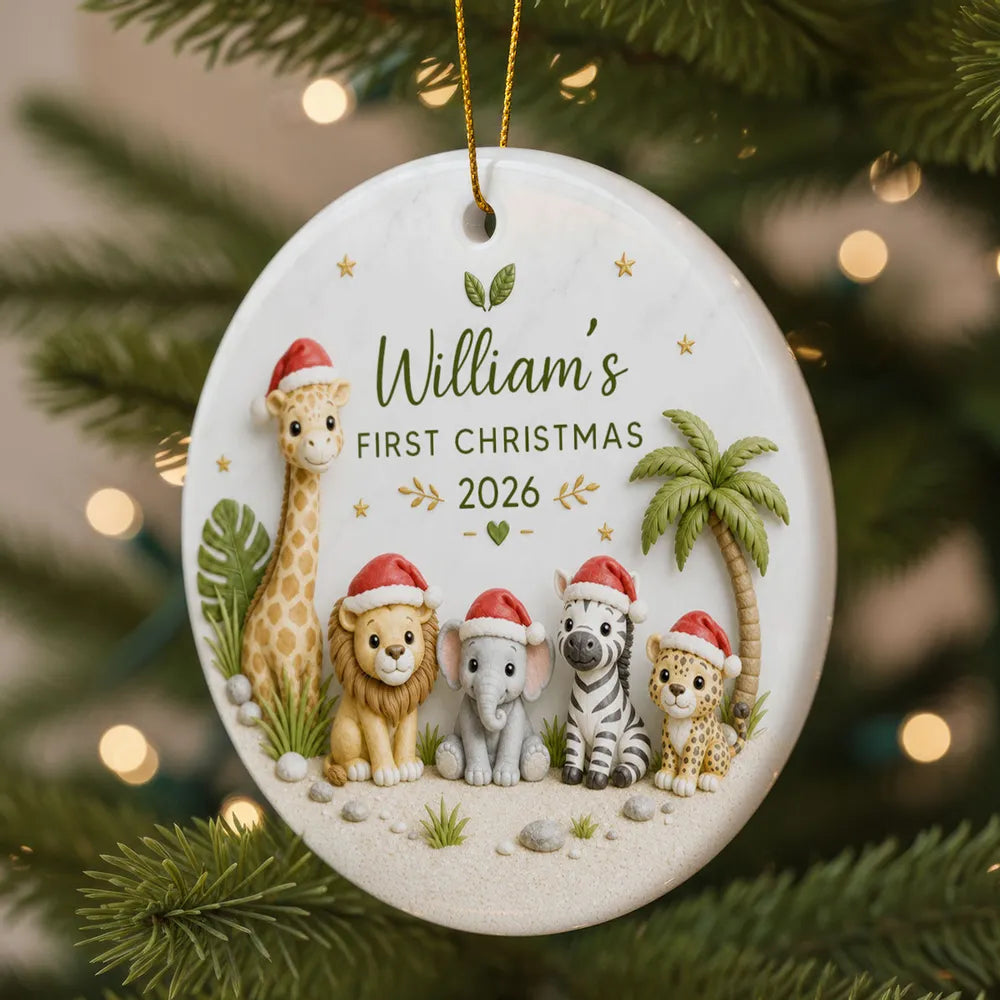 Personalized Ceramic Ornament, First Christmas Safari Animals, Unique Gift for New Parents and Baby