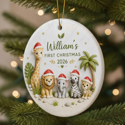 Personalized Ceramic Ornament, First Christmas Safari Animals, Unique Gift for New Parents and Baby