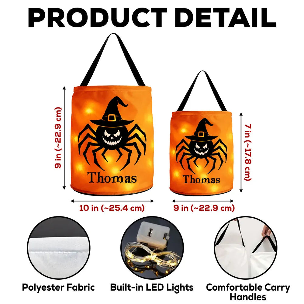 LED Light Up Fabric Basket, Personalized Spider and Pumpkin Keepsake for Trick or Treating, Creative Kids Gift