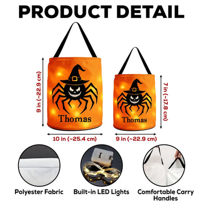LED Light Up Fabric Basket, Personalized Spider and Pumpkin Keepsake for Trick or Treating, Creative Kids Gift