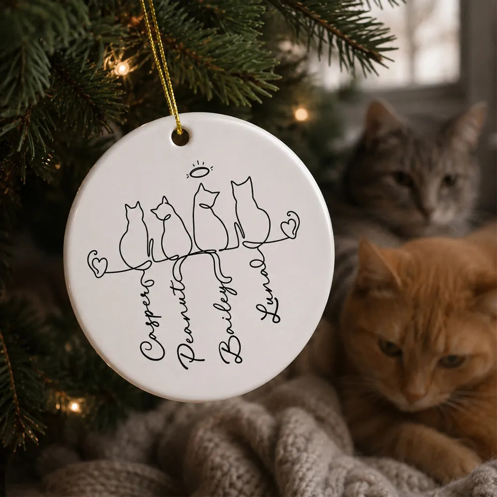 Personalized Ceramic Ornament with Halo Cat Silhouettes, Unique Pet Memorial Gift for Cat Owners
