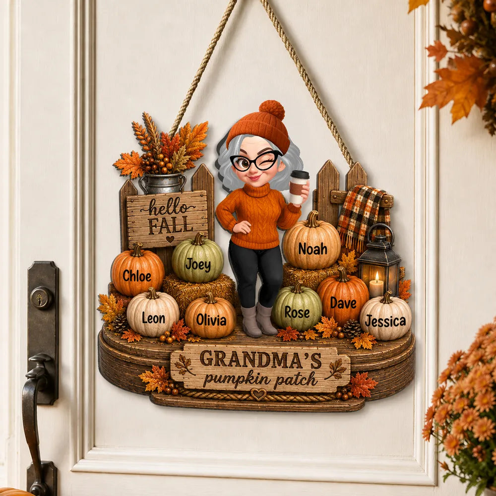 Personalized Wooden Sign, Grandma Holding Coffee on an Autumn Porch, Unique Fall Gift for Grandma
