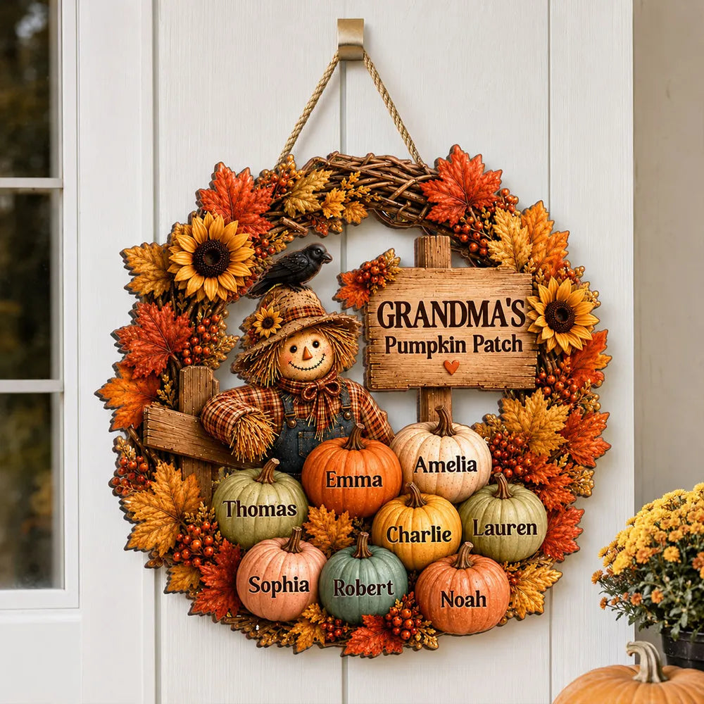Personalized Wooden Sign with Scarecrow Pumpkin Patch, Autumn Door Decor, Unique Gift for Grandma