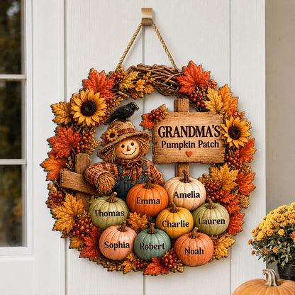 Personalized Wooden Sign with Scarecrow Pumpkin Patch, Autumn Door Decor, Unique Gift for Grandma