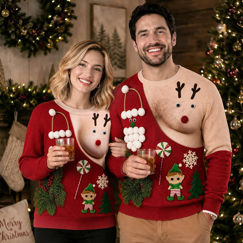 Personalized Printed Sweatshirt, Funny Reindeer Illusion for Smiling Couples at Christmas Parties, Unique Creative Gift