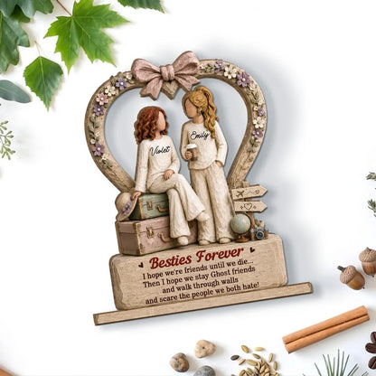 Besties Forever 2-Layer Wooden Plaque, Personalized Floral Heart with Friends Sitting Together, Creative Gift for Best Friend