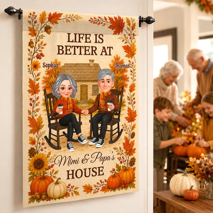 Personalized Garden Flag, Warm Autumn Family Welcome with Grandparents Holding Hands, Creative Gift for Family